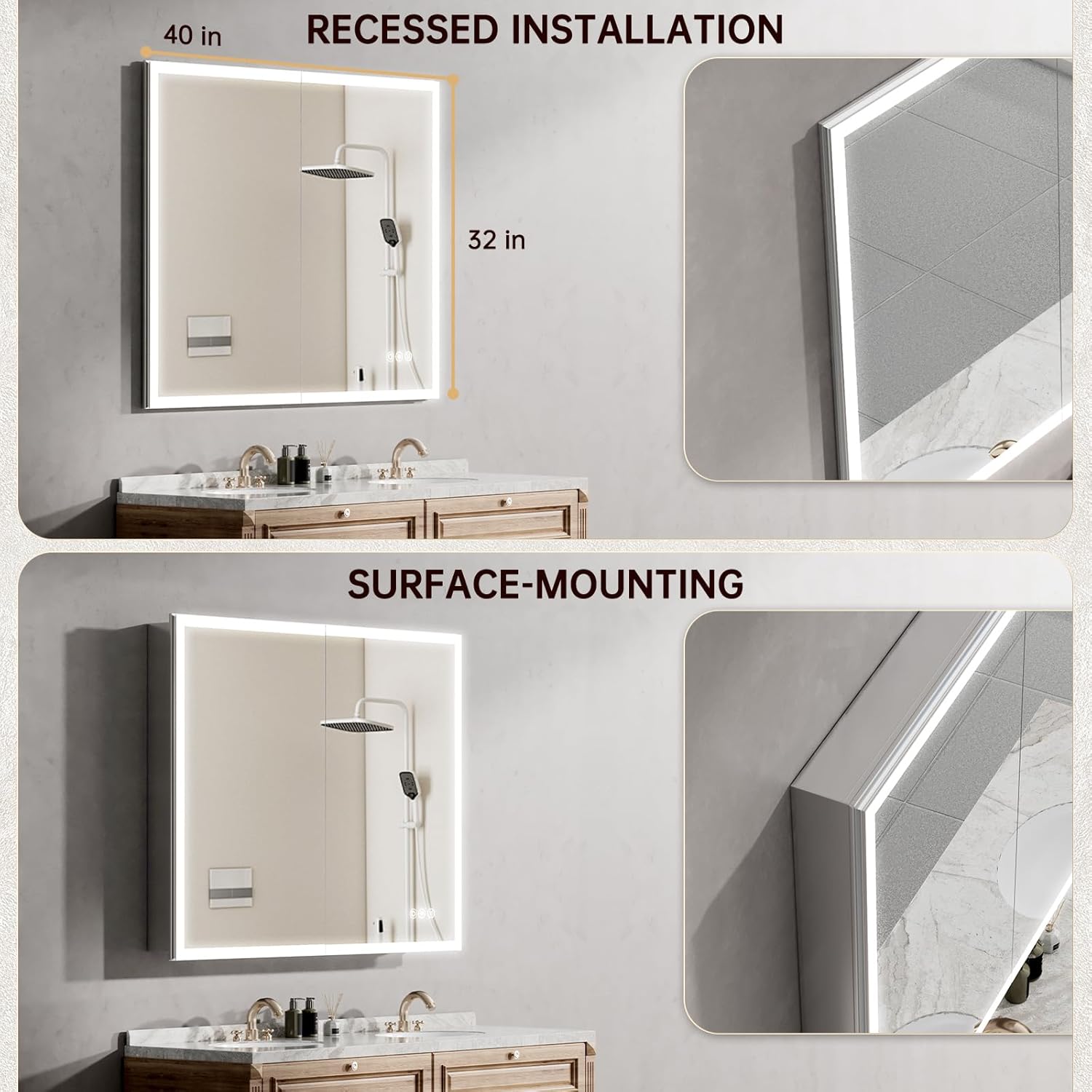 40"x32" Medicine Cabinet Mirror, LED Lighted Medicine Cabinet with Electrical Outlet＆USB, Anti-Fog, 3 Colors Temperature Stepless Dimmable, Aluminum Cabinet for Storage and Mordern Decor