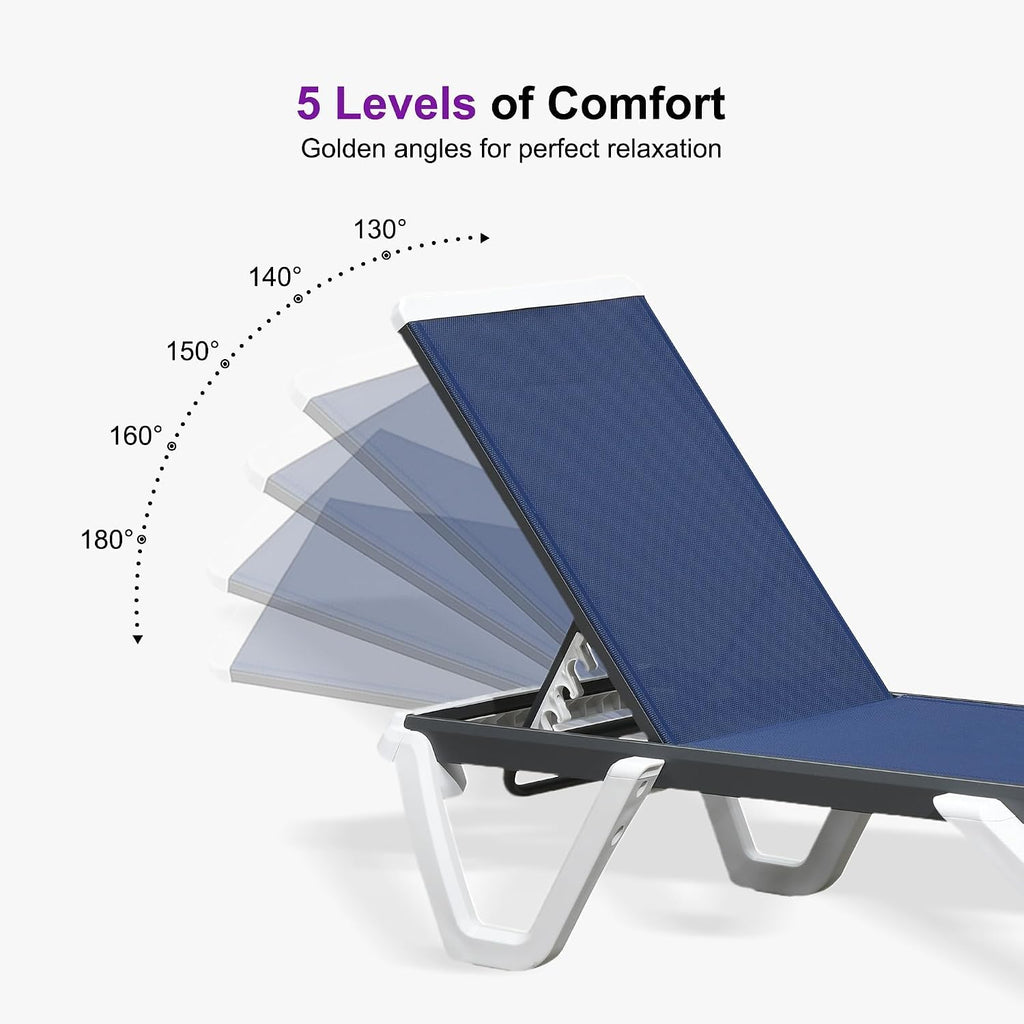 PURPLE LEAF Pool Lounge Chairs Set of 2 Chaise Lounge w/Wheel, Navy Blue | 5 Angles Perfect Comfort, Side Table Holds Drinks & Snacks, Flexible Sets Fit Any Layout, Silent Wheels for Easy Moving
