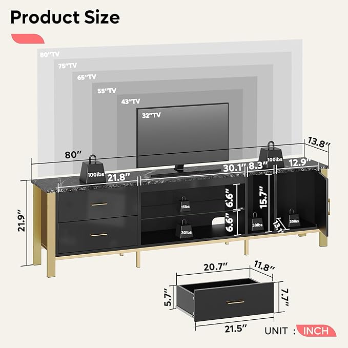 Bestier TV Stand for 75/80/85/90 Inch TVs, LED Gaming Entertainment Center, Modern TV Cabinet with Glass Shelves for Living Room, 2 Storage Drawers & Cabinets for Bedroom, Black Glossy