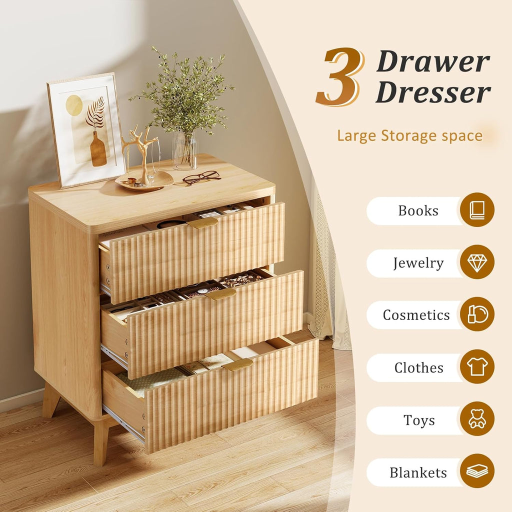 LYNCOHOME Fluted Night Stand with 3 Drawers, Modern Wood Chest of Bedside Table with Curved Profile, Fluted Dresser Organizer for Bedroom