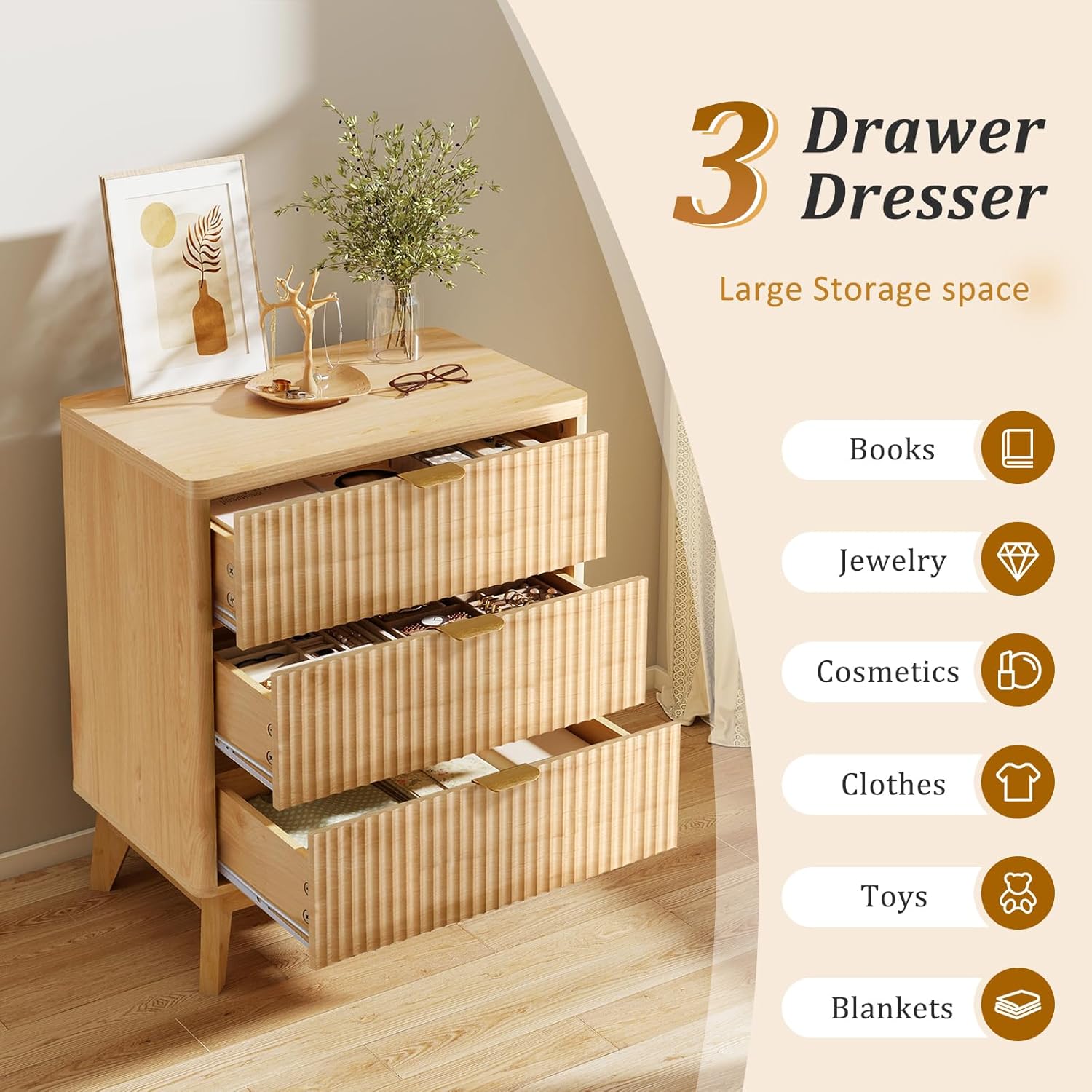 LYNCOHOME Fluted Night Stand with 3 Drawers, Modern Wood Chest of Bedside Table with Curved Profile, Fluted Dresser Organizer for Bedroom