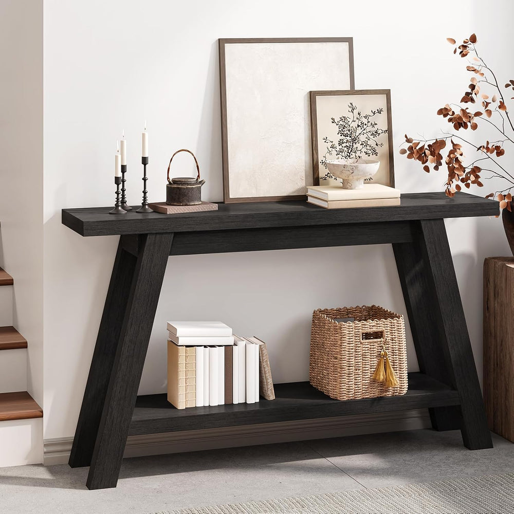 Black Console Table, 55Inch Entryway Console Tables 2-Tier Narrow Wood Consol...