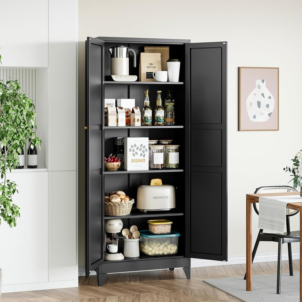 STANI 74.8" H Tall Kitchen Cabinet, Black Metal Pantry Storage Cabinet, ...