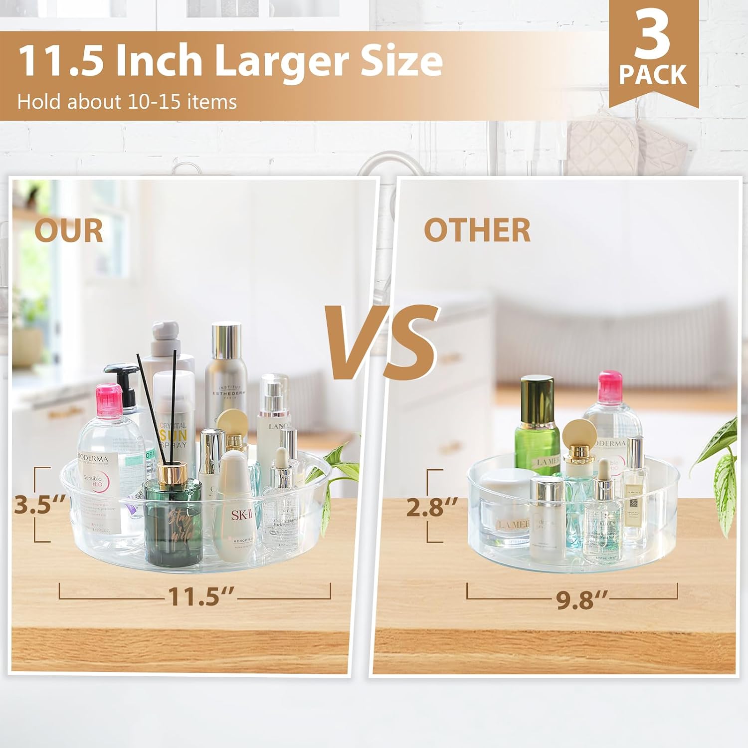 Guzon 3 Pack Lazy Susan Turntable, 11.5" Rotating Organizer with Handles | Pantry Organizers and Storage, Clear BPA-Free Spice Rack for Cabinet, Kitchen, Refrigerator, Table Top, Pantry, Countertop