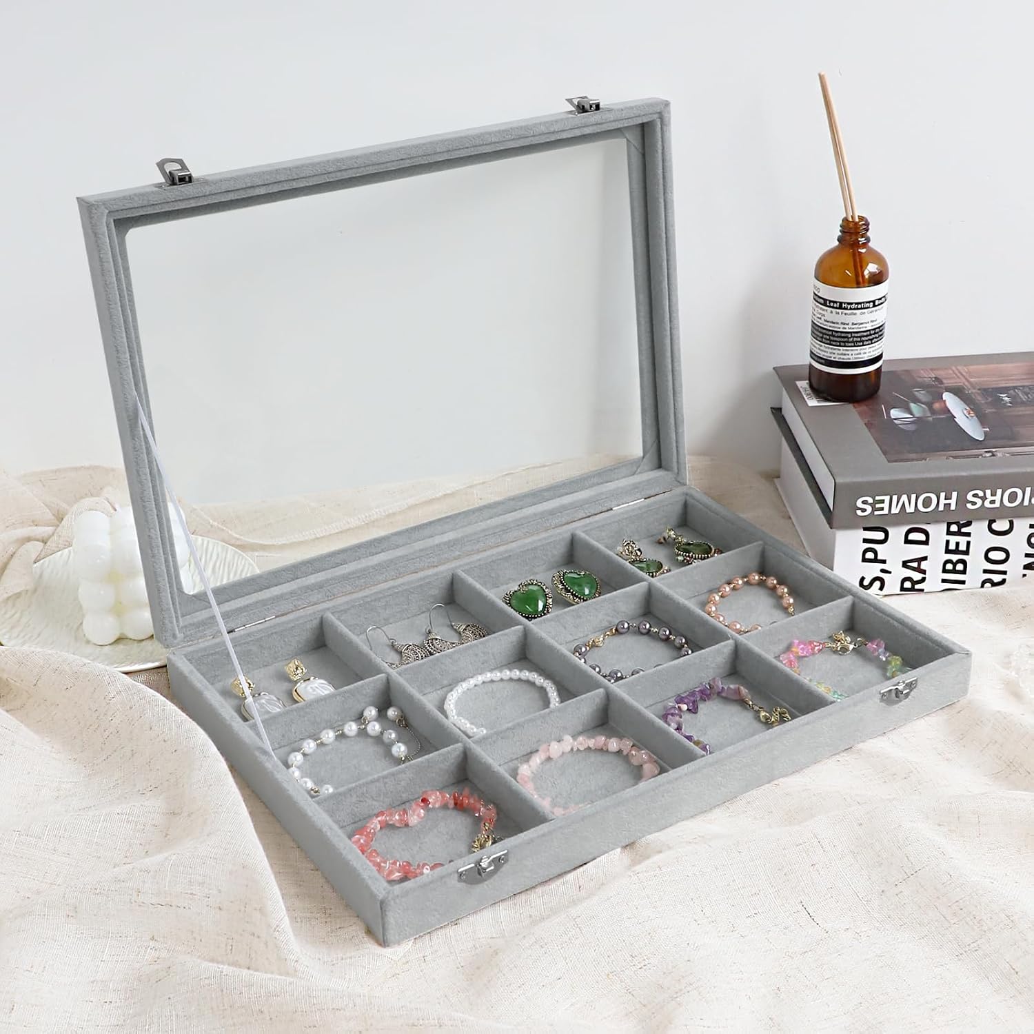 Wudygirl 12 Grid Jewelry Organizer Velvet Jewelry Tray with Clear Lid Jewelry Box Bracelet Holder Display Case Storage Bracelets Rings Earrings Organizer (12 Grid)