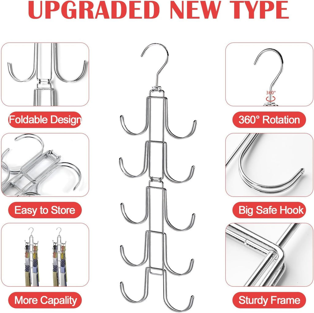 Collapsible Tie Rack Belt Organizer for Closet, Upgraded Dual-Use Belt Tie Hanger with 10 Large Hooks, Storage Up to 80 Items, Rotatable Space Saving Hanger for Closet Organizers and Storage