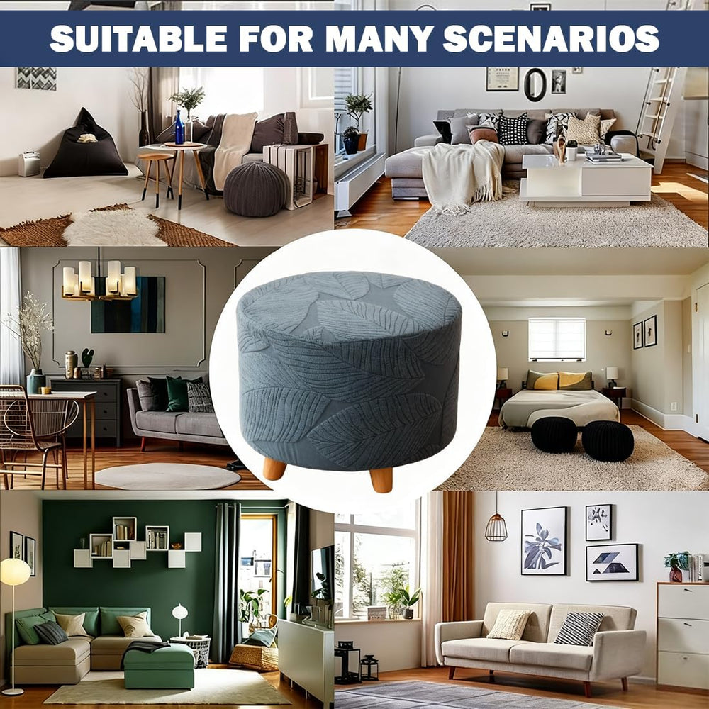 Round Ottoman Cover Stretch Round Ottoman Storage Slipcover Leaves Jacquard F...