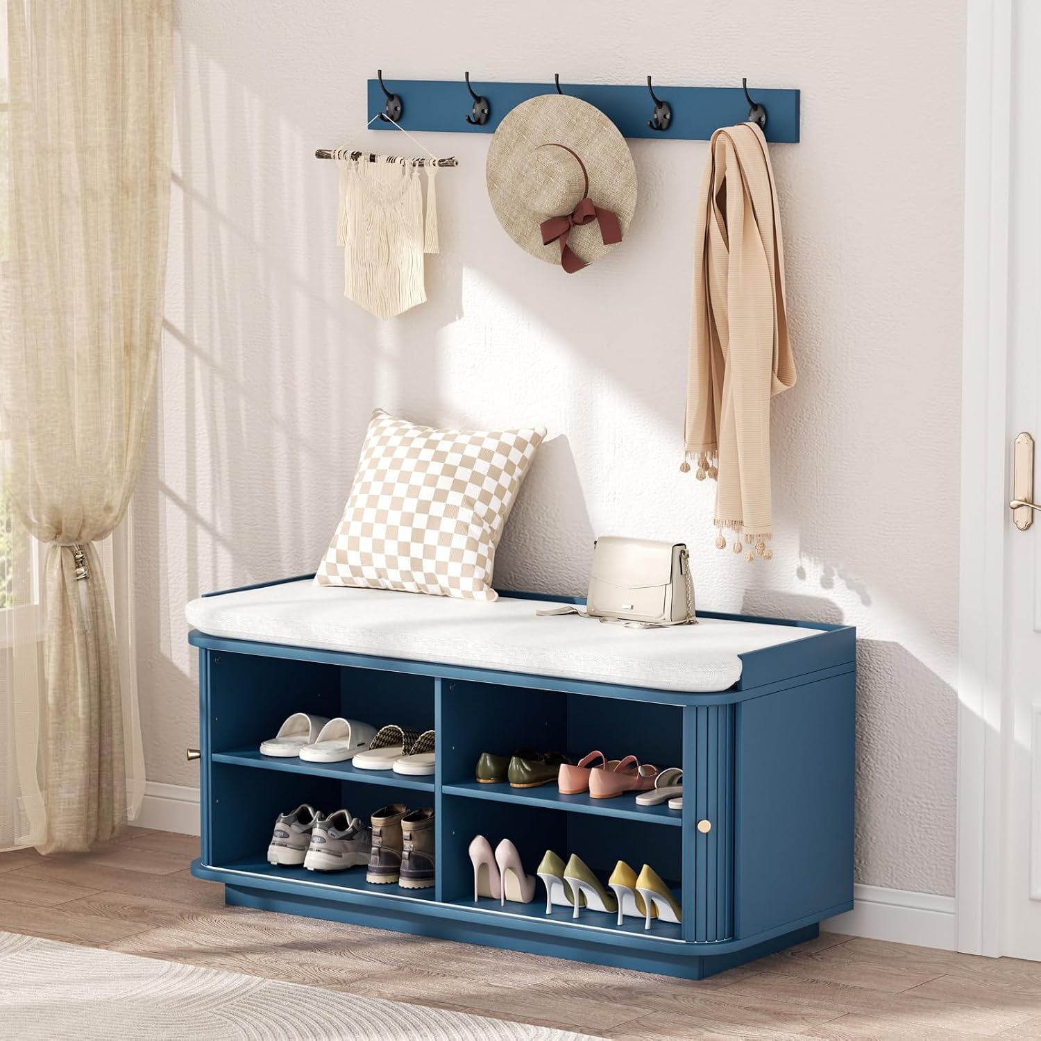 Hall Tree with Bench and Shoe Storage, Entryway Bench with Sliding Door Cabinet, Removable Padded, Metal Wall Hooks and Adjustable Storage Compartments, for Entry, Hallway, Living Room, Blue