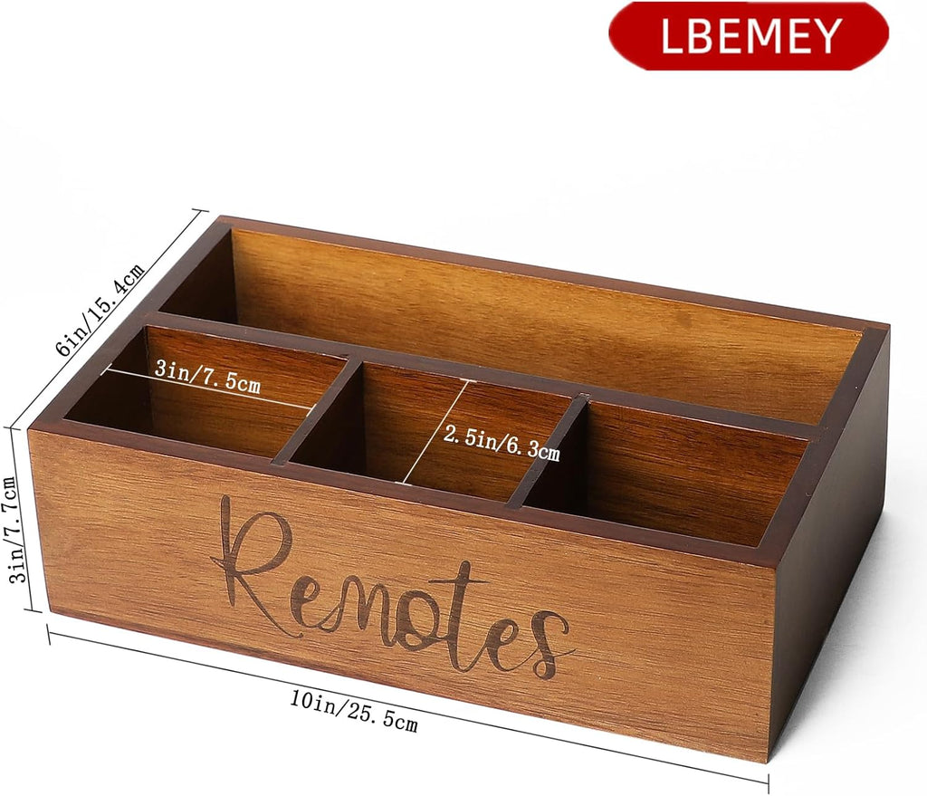 Acacia Wood Remote Control Holder Caddy, TV Organizer for Table, Vintage Farmhouse Desk Caddy (Brown-for 6+ Controls)