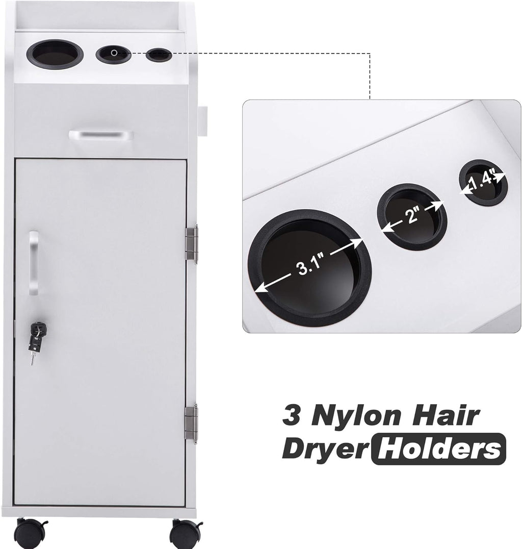 BarberPub Beauty Salon Trolley Storage Cart Hair Dryer Holder Stylist Equipment with Lockable Rolling Wheels, Drawer (White)