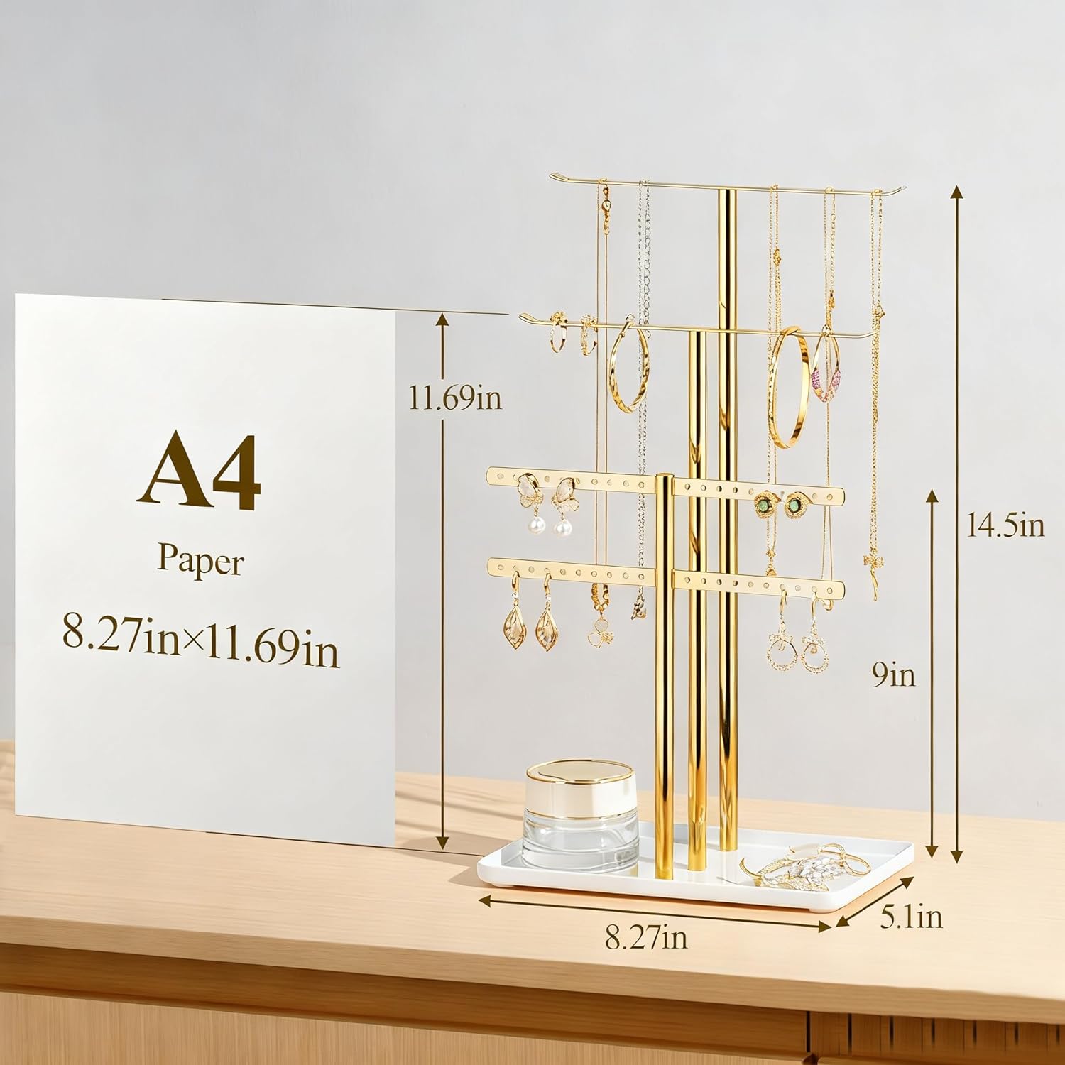 pickpiff Jewelry Stand Organizer Necklace Holder- 14.5" Sturdy Earring and Bracelet Display Hanger, Mirrored Gold, Aesthetic Room Decor