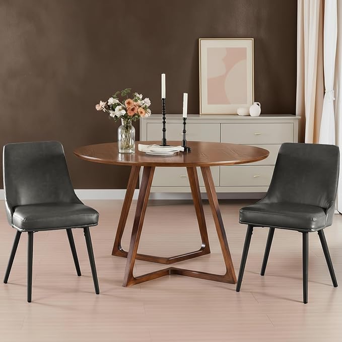 Modern Upholstered Dining Chairs Set of 2 with Thick Seat Cushion and Curved Back, Synthetic Leather Mid-Century Dinner Chair for Kitchen, Dining Room,Cafe (Faux Leather-Gray, Set of 2)