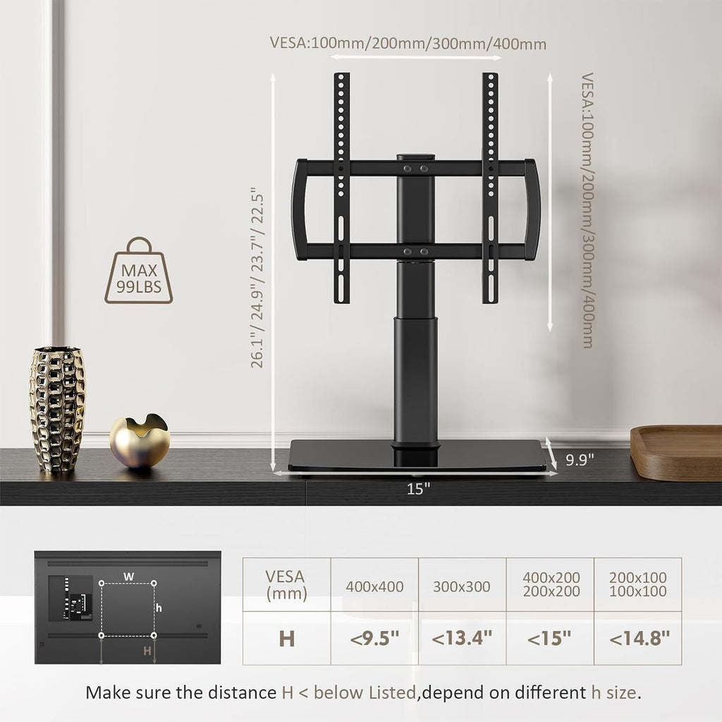 Universal Swivel/Table Top TV Stand 27 to 60 inch TVs 80 Degree Swivel, 4 Level Height Adjustable, Heavy Duty Tempered Glass Base, Holds up to 99lbs Screens, HT04B-001