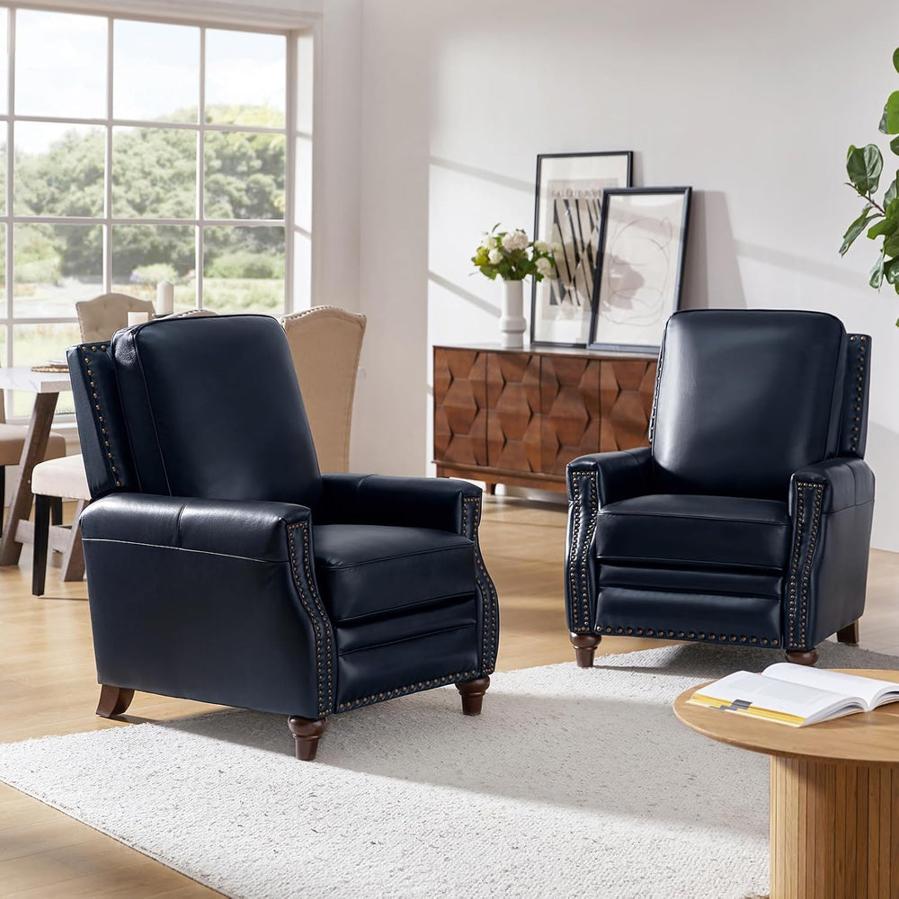 HULALA HOME Genuine Leather Manual Recliners Set of 2 with Wood Legs, Navy | ...