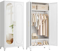 Metal Wardrobe Closet with Mirror Doors and 2 Adjustable Shelves | 71"Tall Storage Cabinet with Hanging Rod, White Bedroom Armoires, Steel Wardrobe Cabinet for Bedroom, Gym, Apartment, School