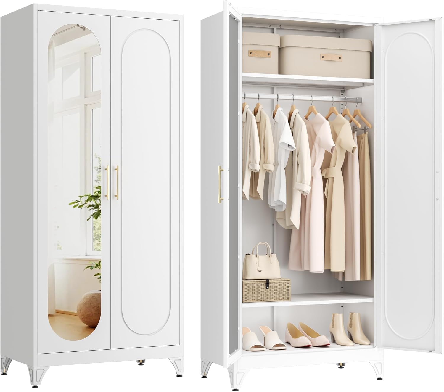 Metal Wardrobe Closet with Mirror Doors and 2 Adjustable Shelves | 71"Tall Storage Cabinet with Hanging Rod, White Bedroom Armoires, Steel Wardrobe Cabinet for Bedroom, Gym, Apartment, School
