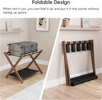 Smuxee Walnut Bamboo Luggage Rack for Guest Room, Foldable Suitcase Stand with Storage Shelf, Easily Assembled Luggage Stand with 5 Nylon Straps for Guest Room Bedroom Hotel