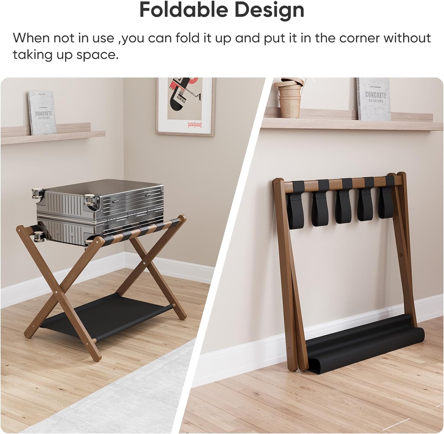 Smuxee Walnut Bamboo Luggage Rack for Guest Room, Foldable Suitcase Stand with Storage Shelf, Easily Assembled Luggage Stand with 5 Nylon Straps for Guest Room Bedroom Hotel