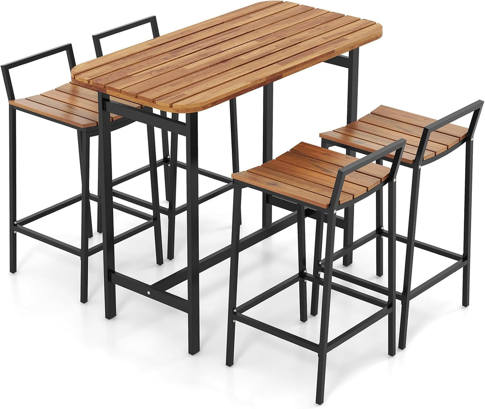 Tangkula 5 Piece Acacia Wood Bar Table Set, Outdoor Bar Height Table & Ch...