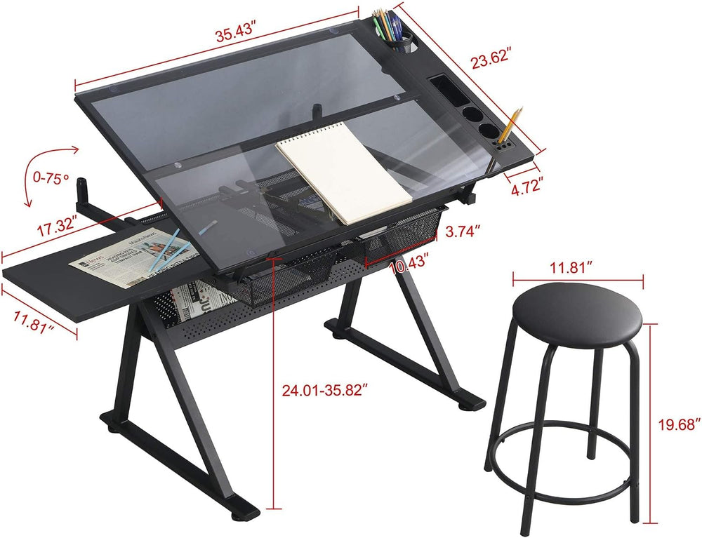 Height Adjustable Drafting Tables, Glass Drawing Art Table, Tilting Tabletop ...