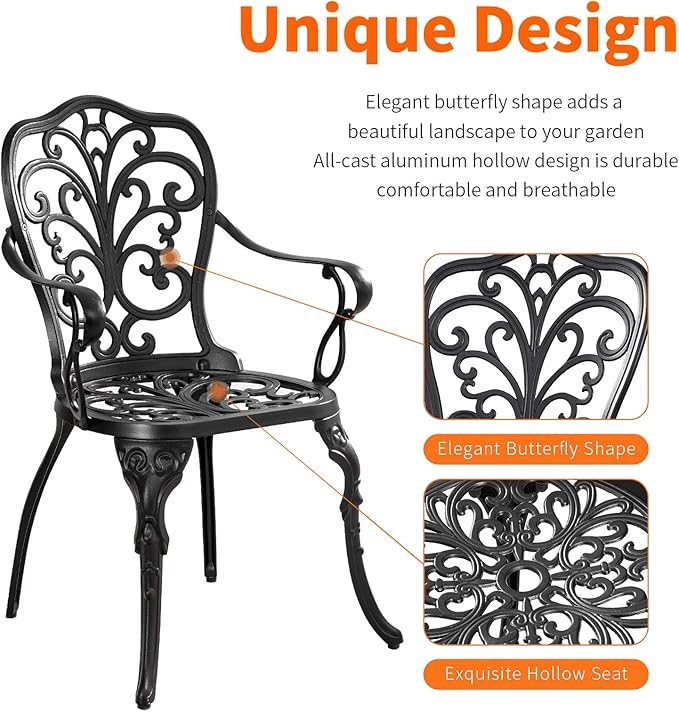 Bistro Set 3 Piece Outdoor, Bistro Table and Chairs Set of 2, All Weather Patio Bistro Set with Umbrella Hole, Patio Set for Garden, Black