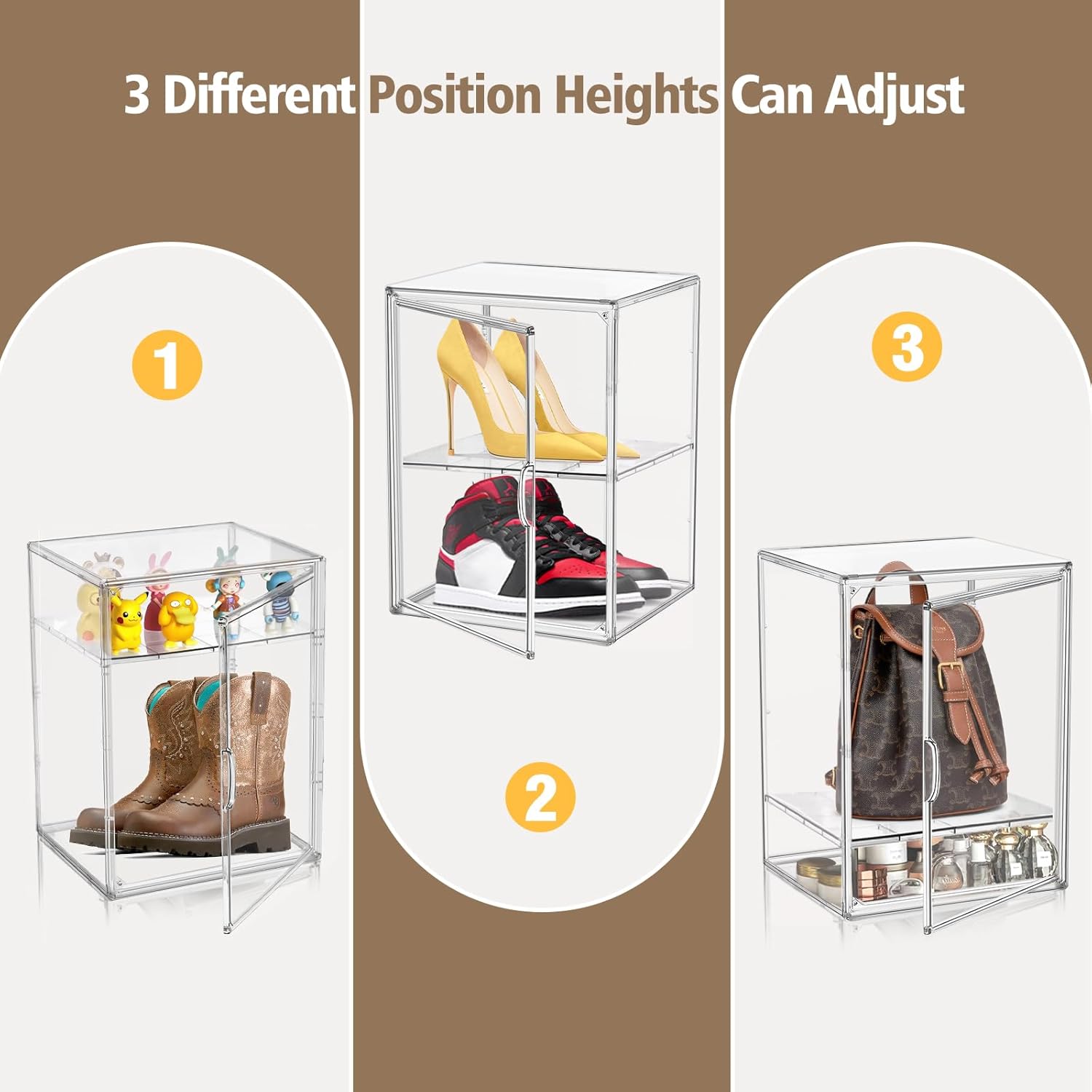 2 Pcs Shoe Display Case, XX-Large Tall Boot Storage Box Transparent Handbag Organizer for Closet Acrylic Shoe Box Clear Plastic Stackable Sneaker Collectibles Case with Detachable Divider