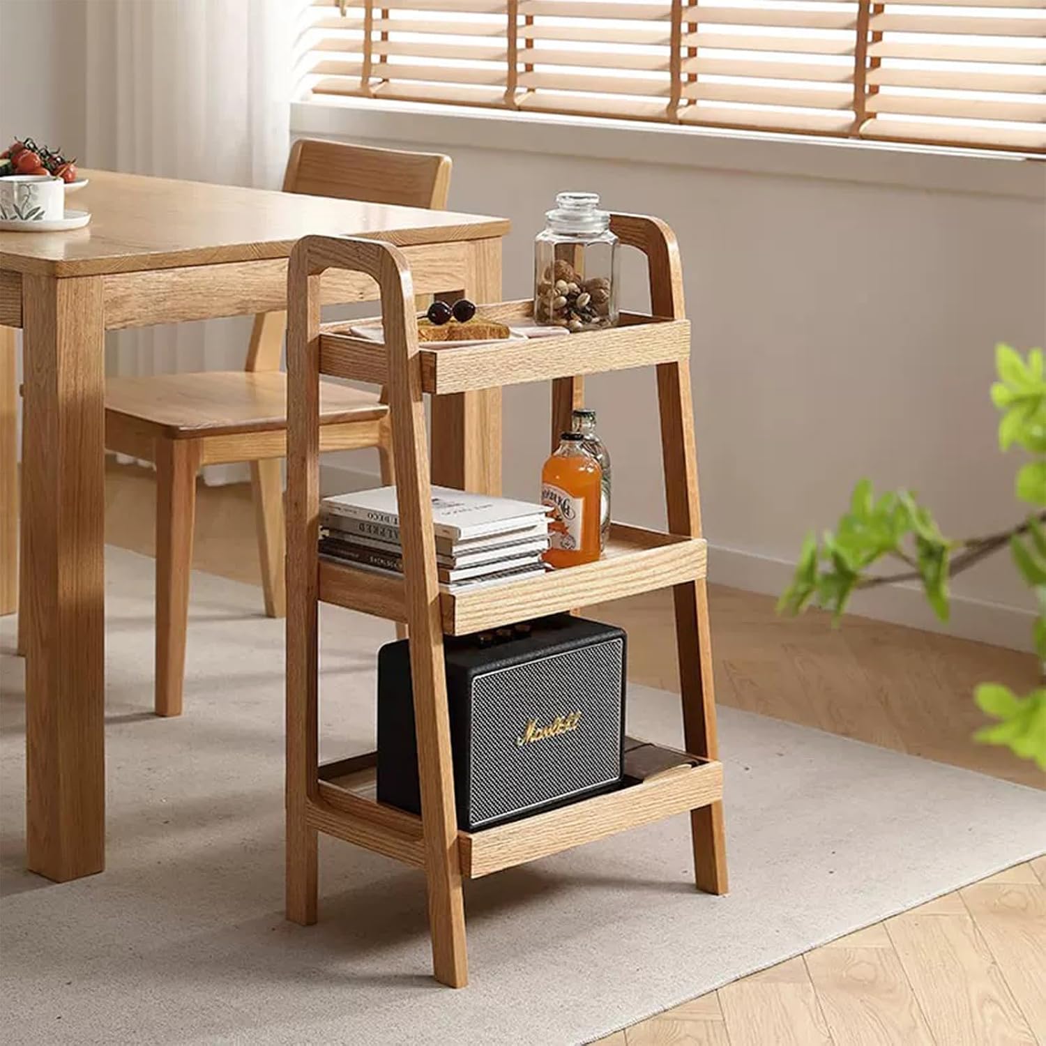 3-Tier Ladder Shelf, Solid Wood Ladder Bookshelf, Mid-Century Modern Leaning Shelves, Oak Wooden Floor Bookcase w/Storage Rack, End Side Table for Living Room Kitchen Bedroom, Natural