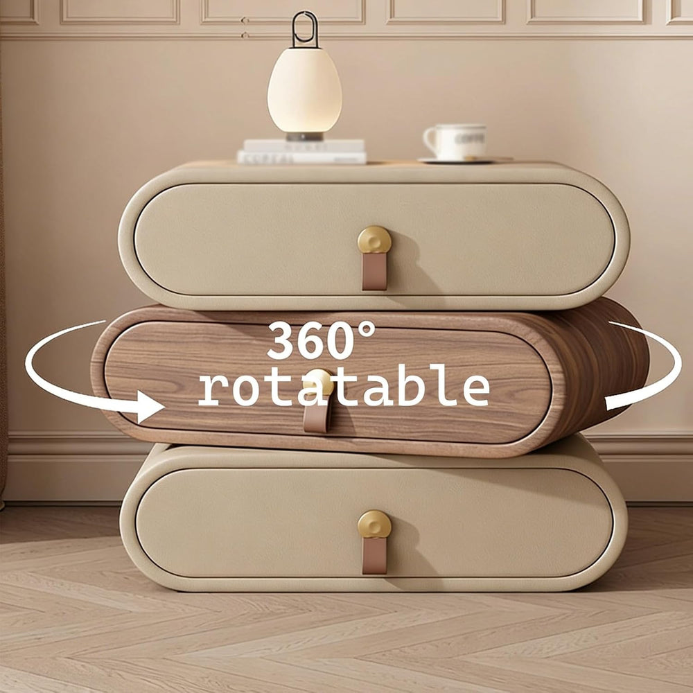 Cream-Style Nightstand,rotatable Side Table with 3 Drawers and Leather Handle...
