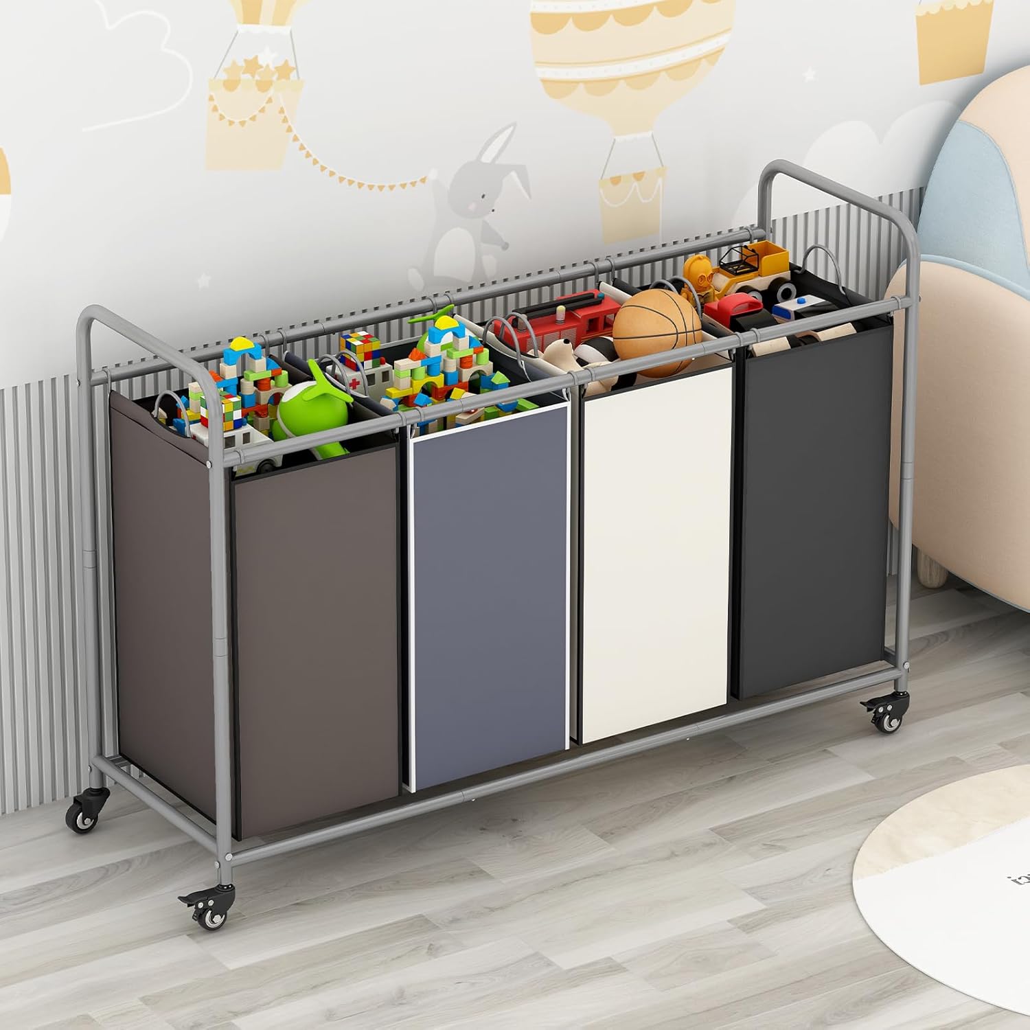 Laundry Sorter 4 Section Hamper Sorter with Heavy Duty Lockable Rolling Wheels Removable Bags Basket Separator for Dirty Clothes Storage, Assorted