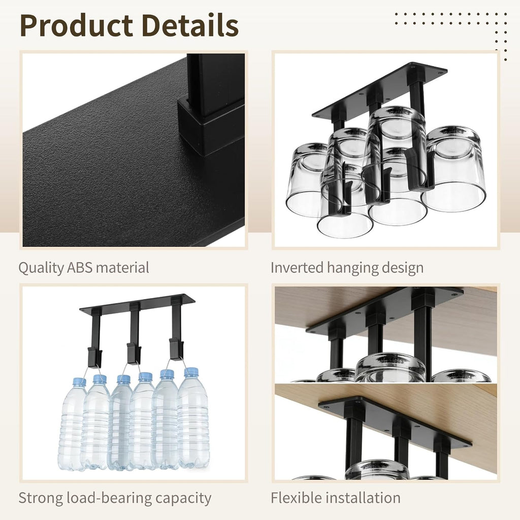 4 Pcs Wine Glass Rack, Under Cabinet Stemware Organizer, Inverted Hanging Draining Dustproof Plastic Cup Storage Holder with Mounting Screws & Glue, Ideal for Kitchen, Bar and Dining Room (Black)