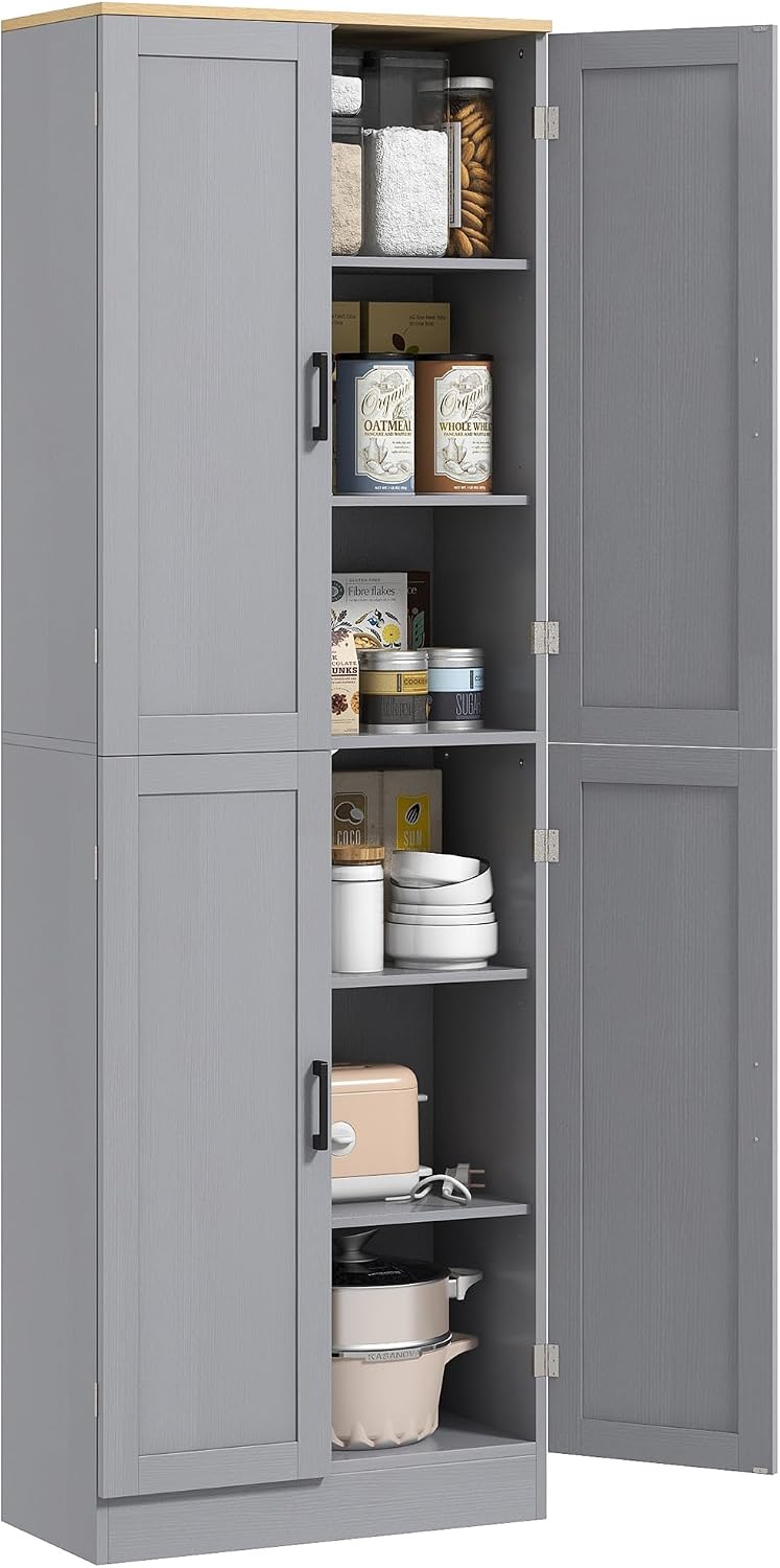 HOMCOM 67" Freestanding Kitchen Pantry 4-Door Cabinet Distressed Gray | Storage Organizer, Adjustable Shelves, Pantry Cabinet with Doors