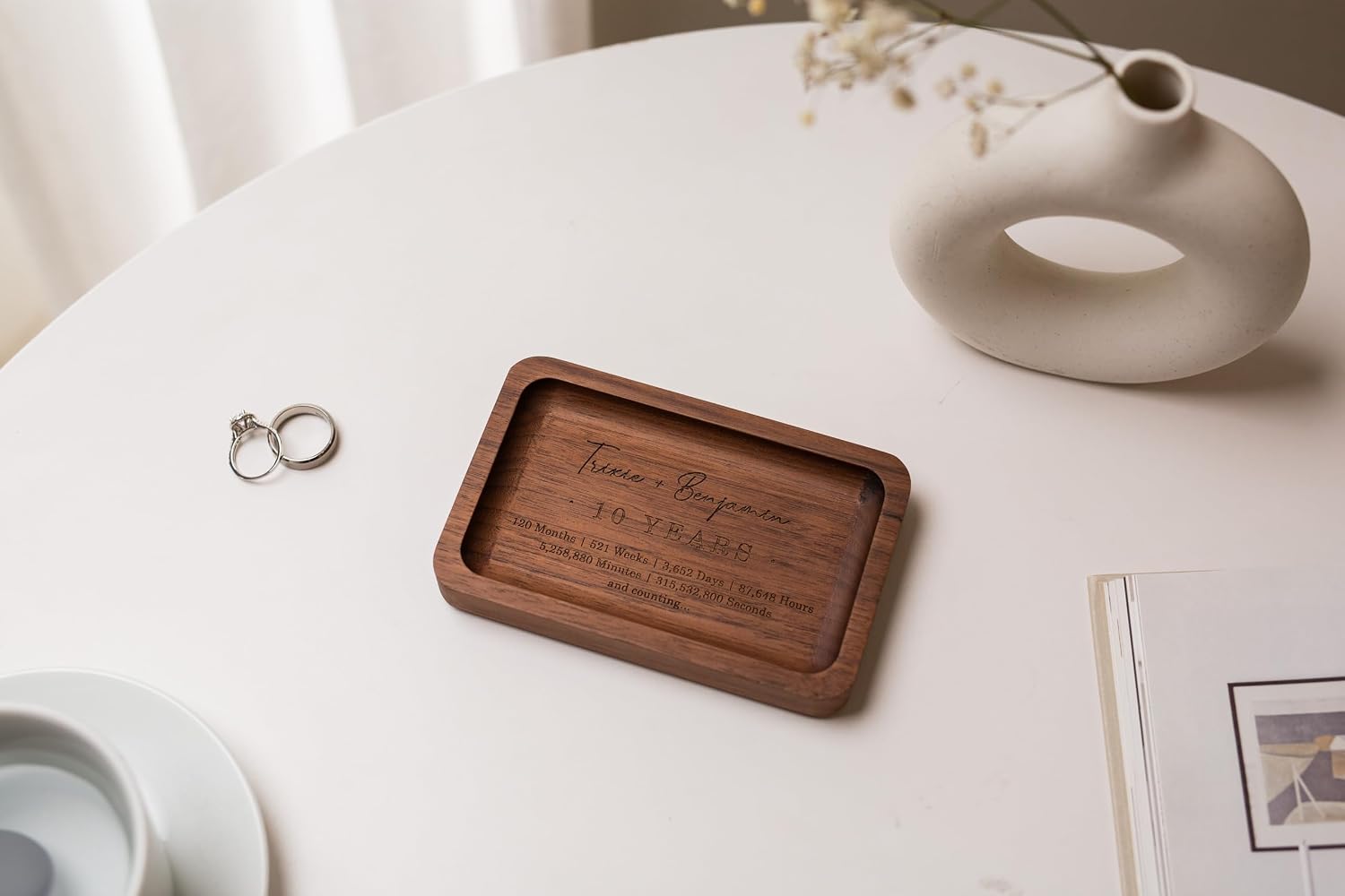 Custom 10th Year Custom Engraved Rec Tray - Custom Engraved Walnut Wooden Tray with Couple’s Names for Tenth Wedding Anniversary, Romantic Keepsake Gift for Him or Her
