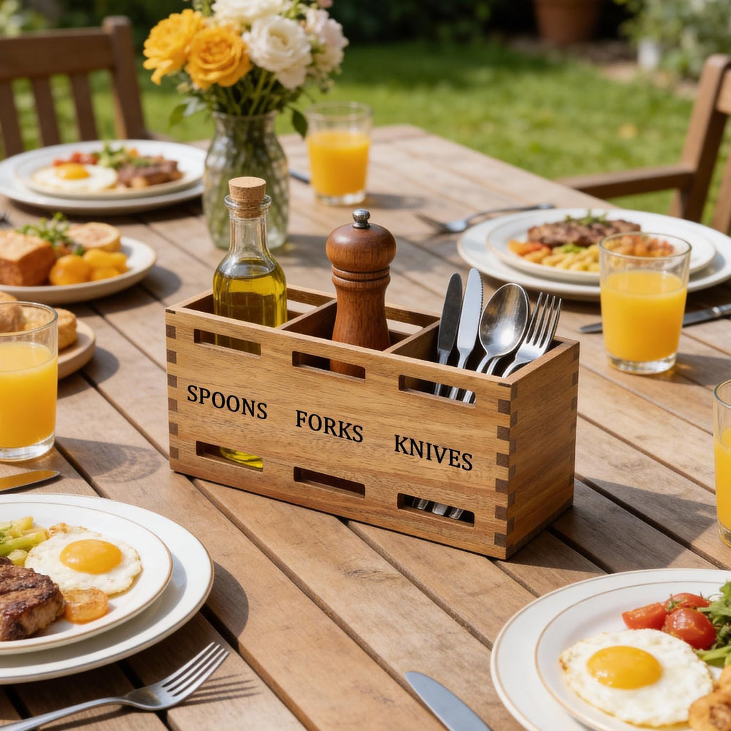 Flatware Silverware Caddy Party Acacia Wood Cutlery Utensil Holder Counter | Small Wooden Cutlery Silverware Organizer Table Spoon and Fork Holder Picnic Utensil Caddy Farmhouse Kitchen Decor