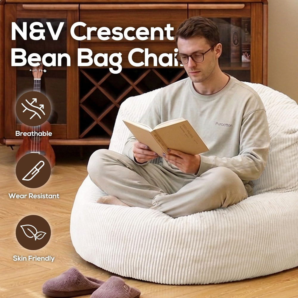N&V Large Crescent Bean Bag Chair, Adult Size Bean Bag Sack, Foam Filling...