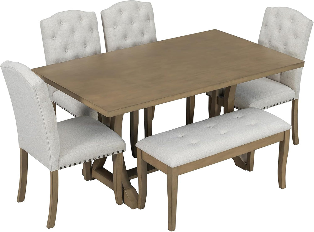 Mirightone Farmhouse Dining Table Set for 6, Dining Table with Bench and Chai...