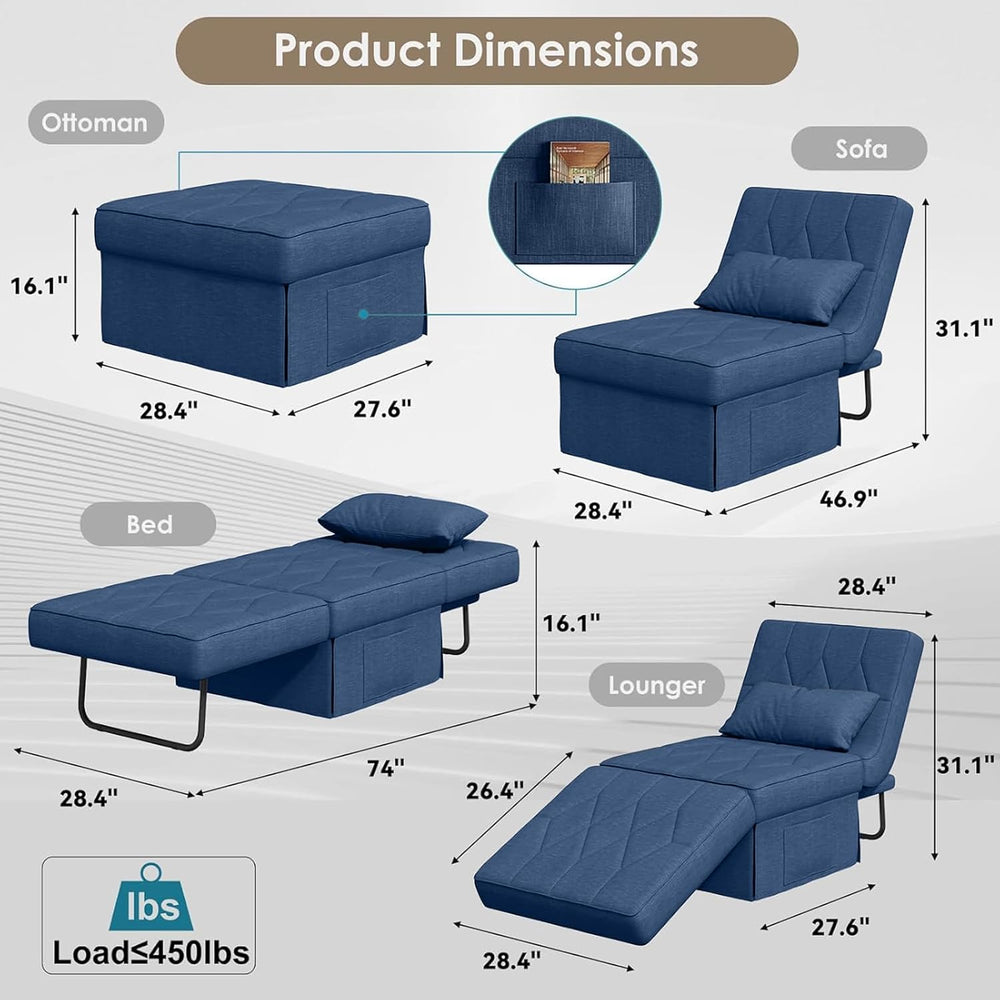 28" Folding Sofa Bed with 5-Level Adjustable Backrest, Navy Blue | 4-in-...
