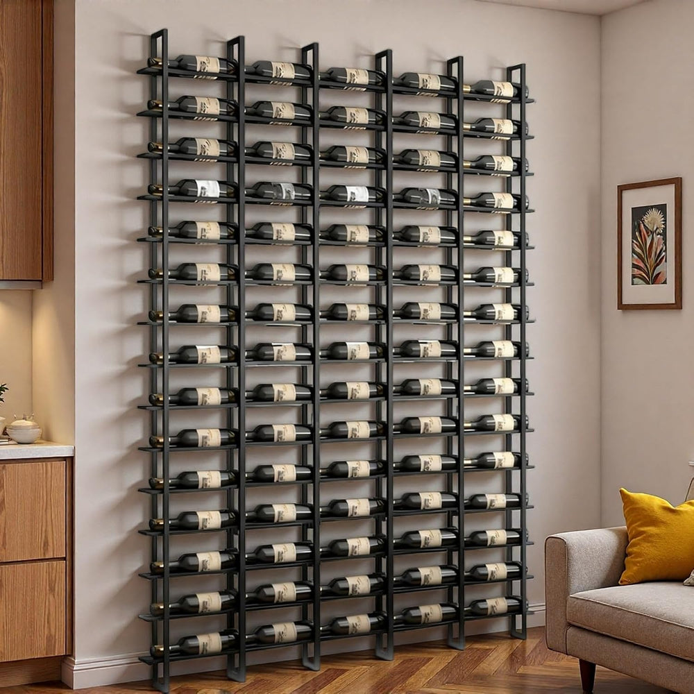 75-Bottle 5-Column Wall-Mounted Wine Rack, Black Metal Wine Bottle Holder wit...