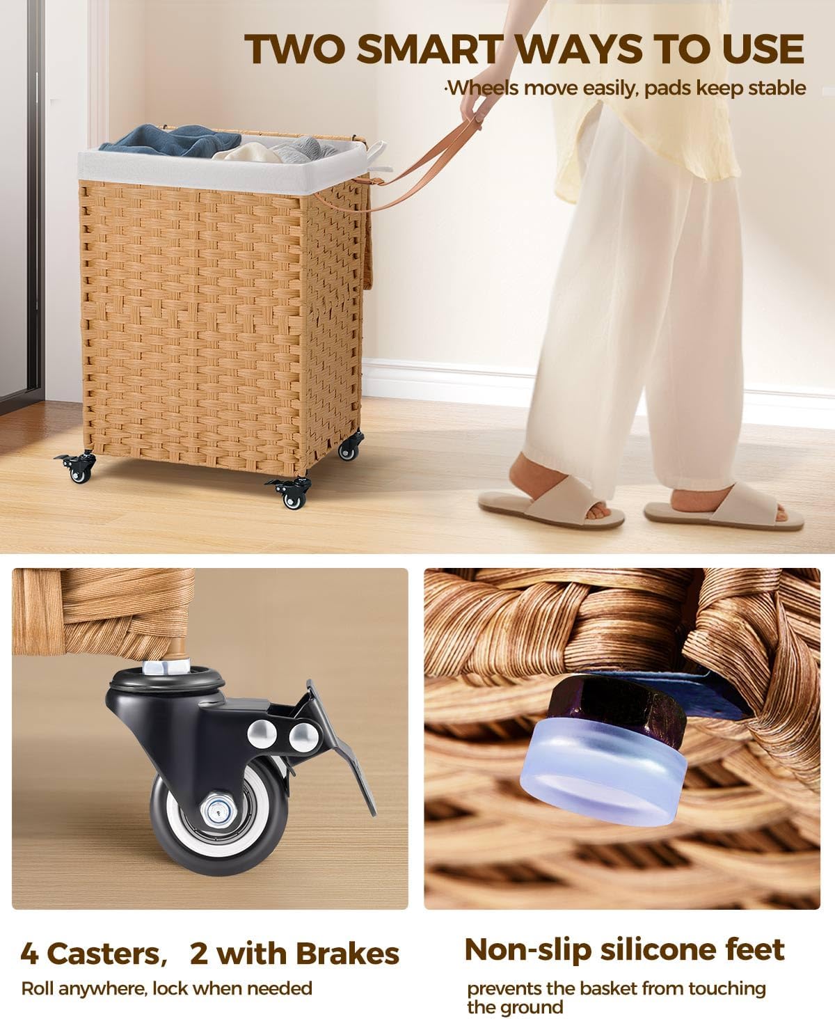 Greenstell Laundry Hamper with Wheels, No Install Needed, 90L Divided Handwoven Hampers & 2 Removable Liner Bags, Synthetic Rattan Clothes Laundry Basket with Lid & Handles, Foldable Hampers Natural