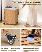 Greenstell Laundry Hamper with Wheels, No Install Needed, 110L Divided Handwoven Hampers & 2 Removable Liner Bags, Synthetic Rattan Clothes Laundry Basket with Lid & Handles, Foldable Hampers Natural