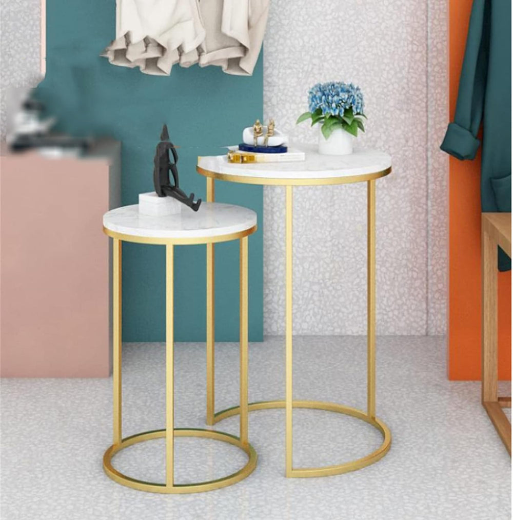Round Nesting Table, Set of 2 Coffee Tables with Marble Top Stackable Side Ta...