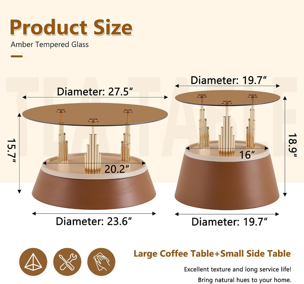 2-Piece Nesting Coffee Table Set, Brown and Gold Metal, Round Side Tables | N...