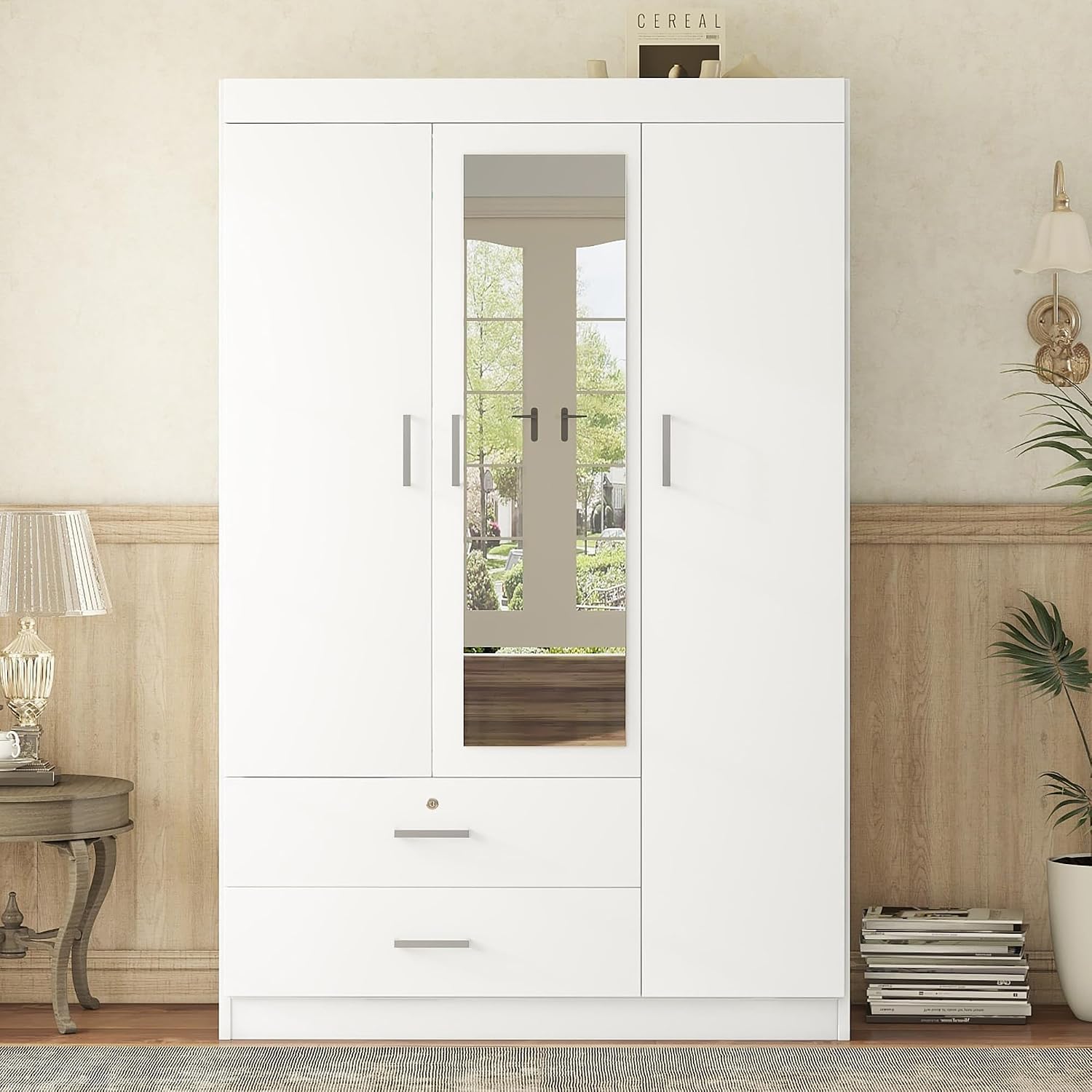 3 Doors Wardrobe Armoire Closet with Mirror, 68.2" H Wooden Freestanding Armoire Wardrobe Closet with Locking Drawers and Shelves, Bedroom Clothes Closets Wardrobes Cabinet with Hanging Rod, White
