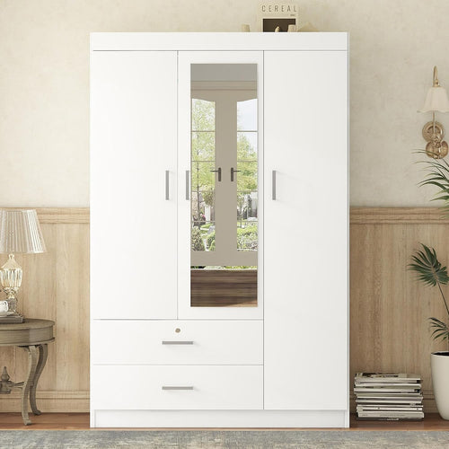3 Doors Wardrobe Armoire Closet with Mirror, 68.2" H Wooden Freestanding Armoire Wardrobe Closet with Locking Drawers and Shelves, Bedroom Clothes Closets Wardrobes Cabinet with Hanging Rod, White