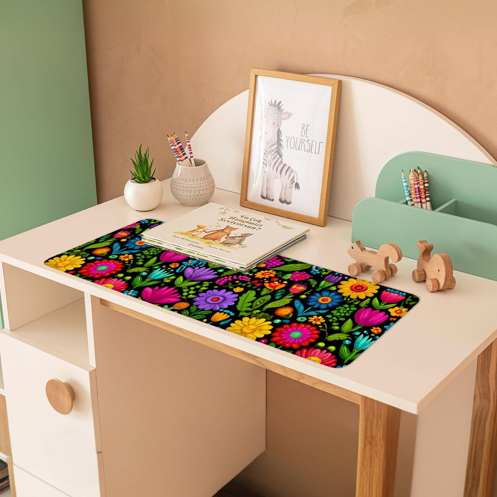 Folk Art Floral Mouse Pad – Large Extended Desk Mat 31.5 x 11.8 in– Colorful Boho Flowers on Black Background, Waterproof Surface, Non-Slip Rubber Base, Oversized Mouse & Keyboard Pad