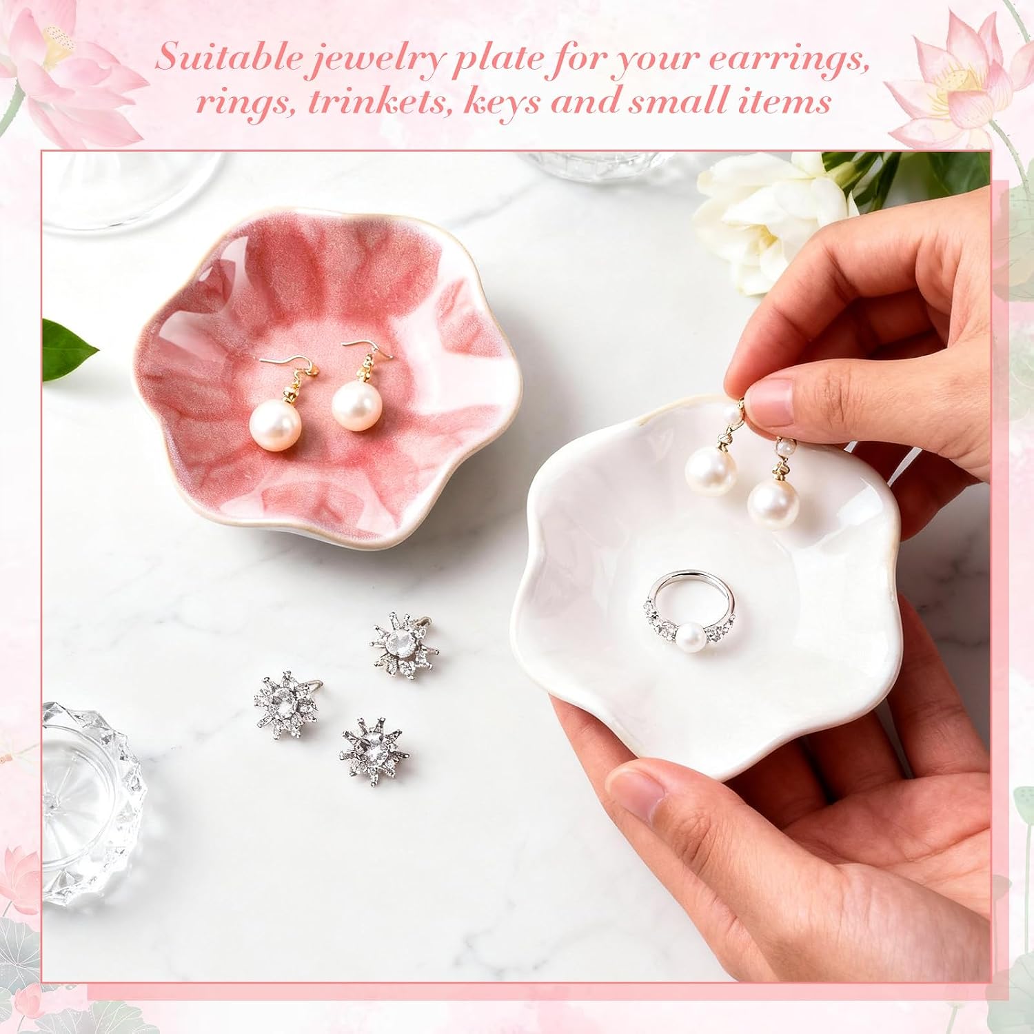 meekoo 2 Pcs Trinket Dishes for Jewelry Lotus Leaf Shape Ceramic Ring Holder Jewelry Tray Bowl Woman Gift for Mom Sister(Pink and White)