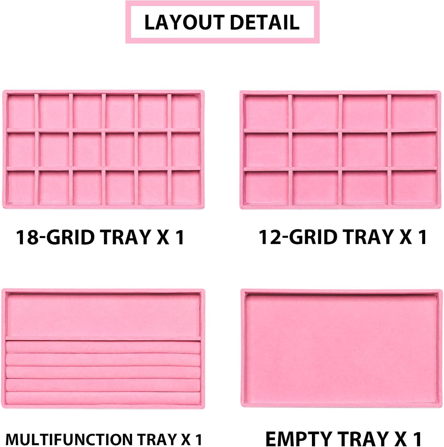 Frebeauty Jewelry Organizer Tray,Stackable Velvet Jewelry Trays,Drawer Inserts Earring Organizer For Women Jewelry Storage Display Case for Rings Stud Necklaces,Set of 4(Pink)