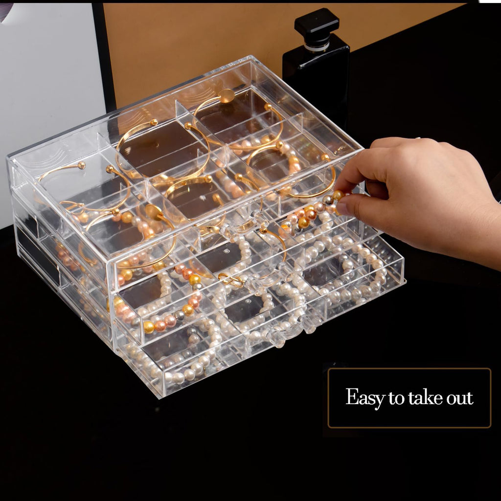 SPAKOWN Earring Organizer Box Large 18 Compartments | Jewelry Holder Organizer with 3 Drawers Stackable Earring Bracelet Storage Case Jewelry Boxes for Women (Clear)