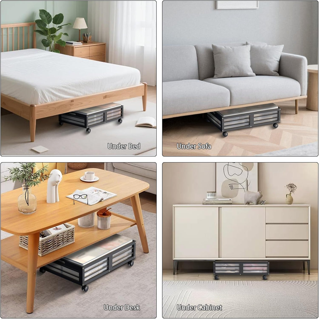 Under Bed Storage Containers with Wheels, Larger Bamboo Wood Under Furniture Storage Containers with Dust Bags，Rolling for Shoes Clothes