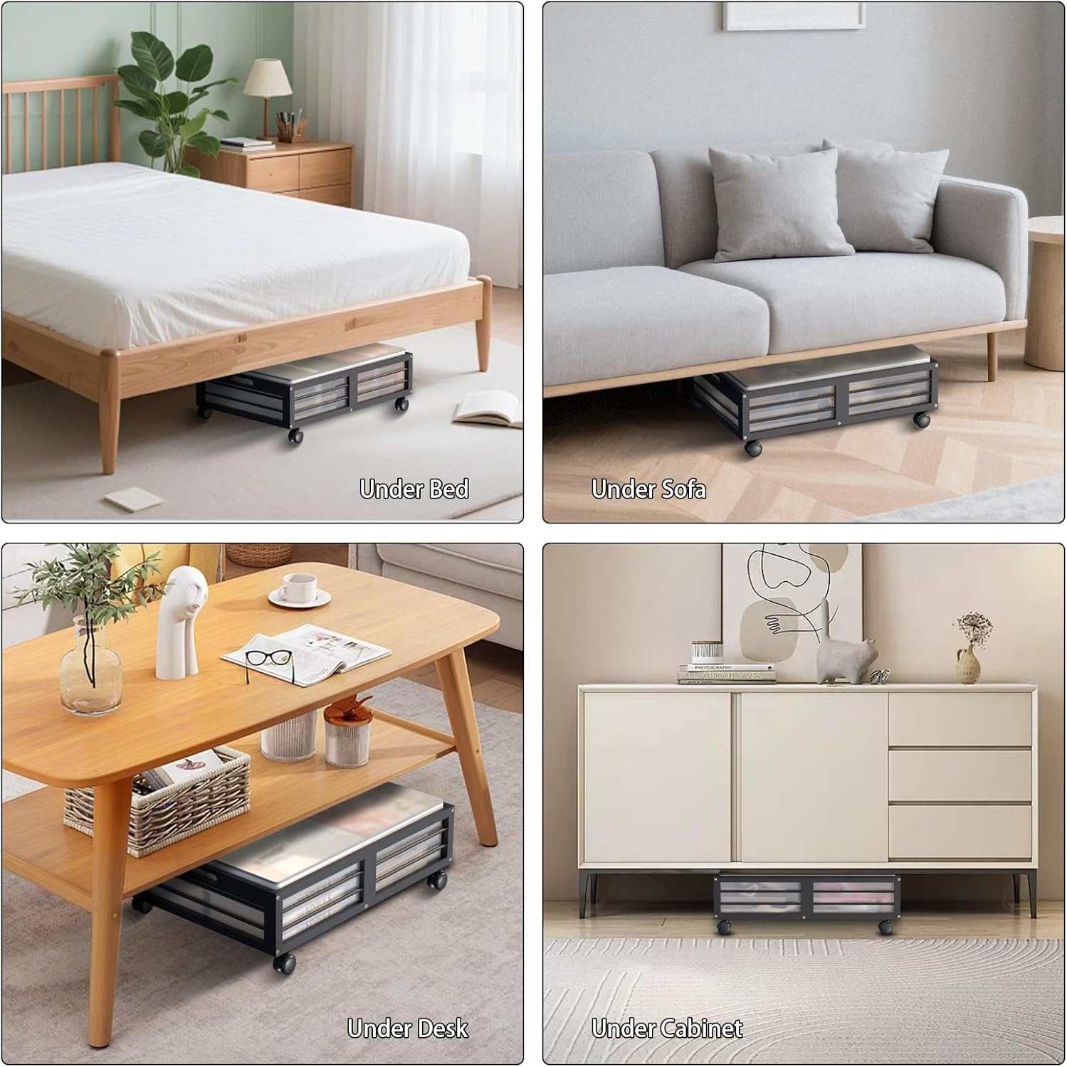 Under Bed Storage Containers with Wheels, Larger Bamboo Wood Under Furniture Storage Containers with Dust Bags，Rolling for Shoes Clothes