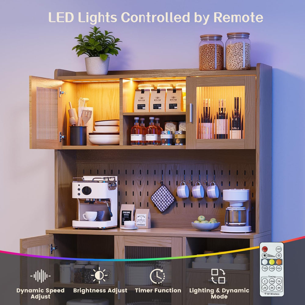 71" Tall Kitchen Pantry Cabinet with Remote LED Light & Charging Sta...